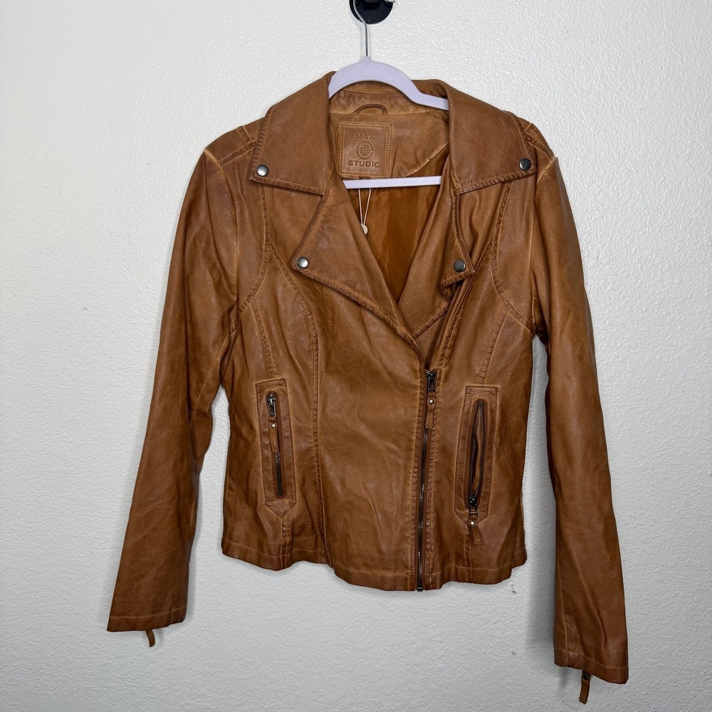 Max Studio Cognac Faux Leather Moto Jacket Asymmetrical Zip Brown 6710L23 M